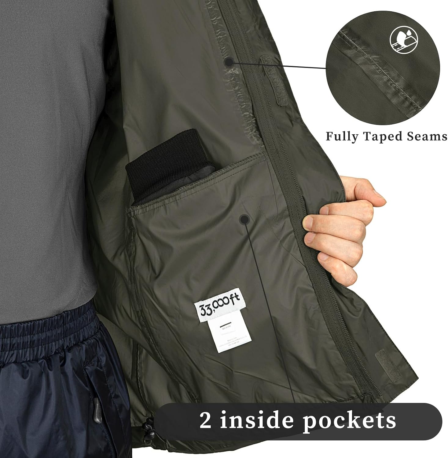 33,000ft Men's Packable Rain Jacket Lightweight Waterproof Golf Raincoat