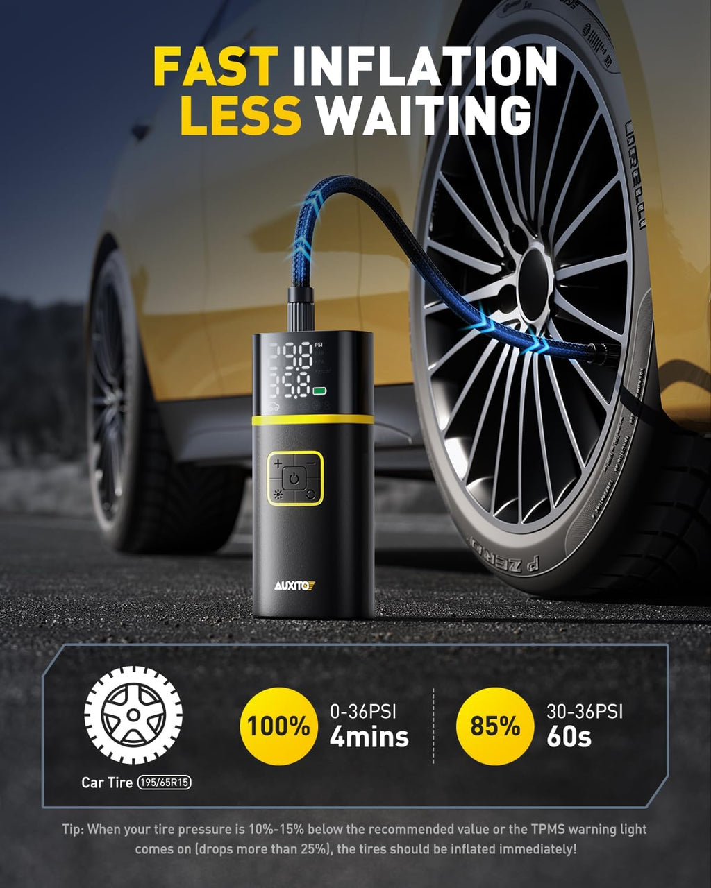 AUXITO Tire Inflator Portable Air Compressor - 150PSI Bike Pump 1Min Fast Inflate with Tire Pressure Gauge, 5200 mAh, LED Light, Car Accessories Air Pump for Auto, Moto, Bike Car Gifts for Men