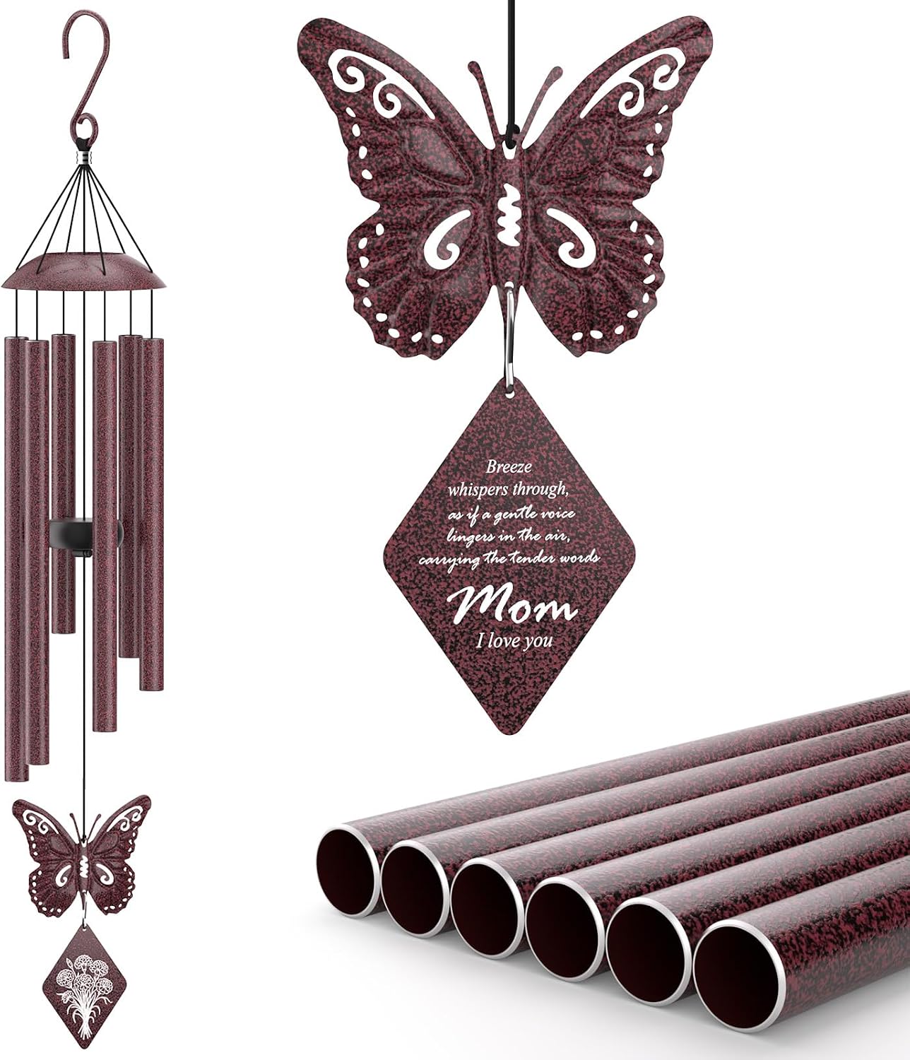 Copper Wind Chimes for Outside Clearance, 36'' Temple Windchimes Outdoors w/5 Bells, Memorial Wind Chime Gifts for Mom Grandma Mother Women, Feng Shui Wind Bell for Home Garden Zen Decor