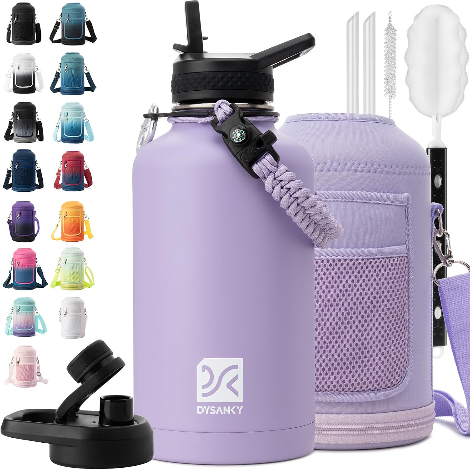 DYSANKY Insulated Water Bottle w/Straw Lid & Portable Carrier Bag, 64oz