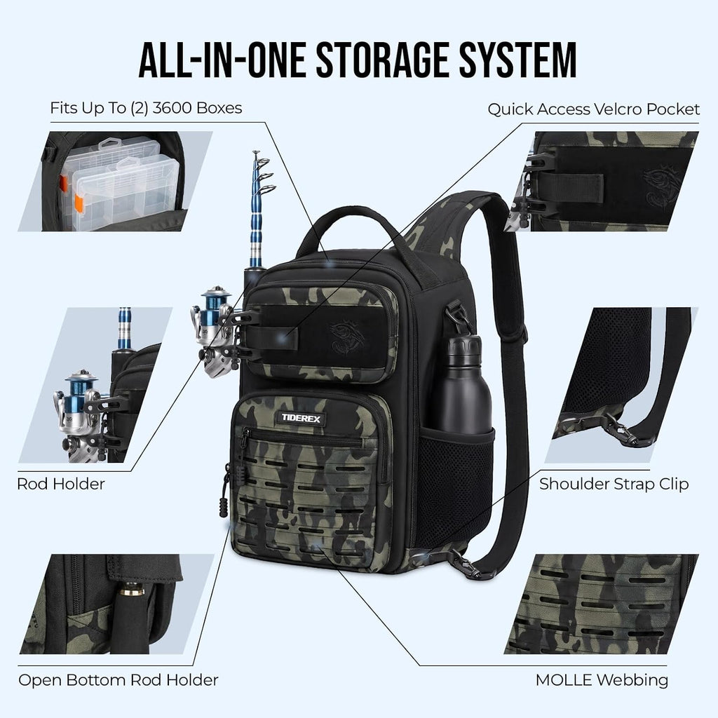Fishing Sling Bag with 3500 Tackle Box & Fishing Gear, Black Camo.