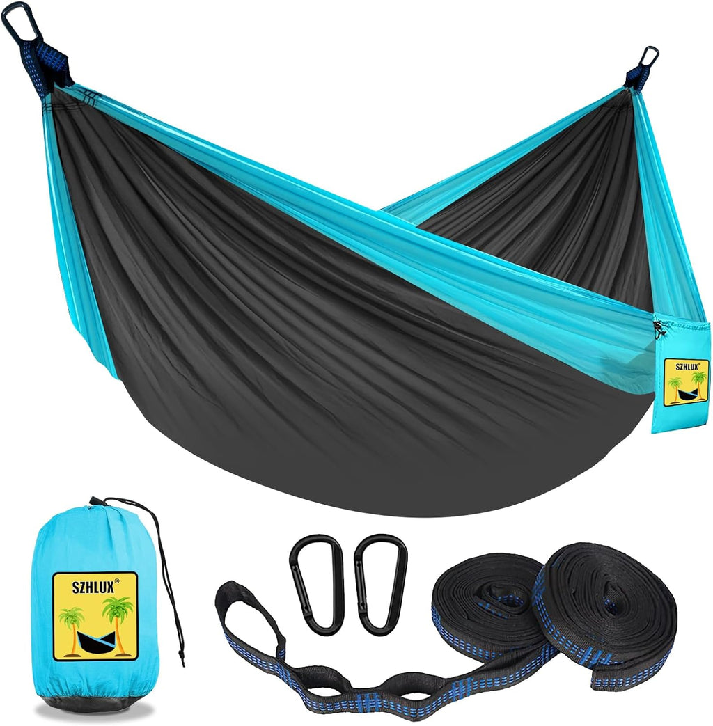 SZHLUX Camping Hammock Double & Single Portable Hammocks with 2 Tree Straps and Attached Carry Bag,Great for Outdoor,Indoor,Beach,Camping,Light Grey / Sky Blue