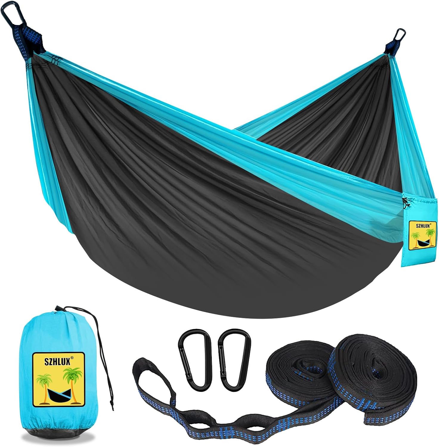 SZHLUX Camping Hammock Double & Single Portable Hammocks with 2 Tree Straps and Attached Carry Bag,Great for Outdoor,Indoor,Beach,Camping,Light Grey / Sky Blue