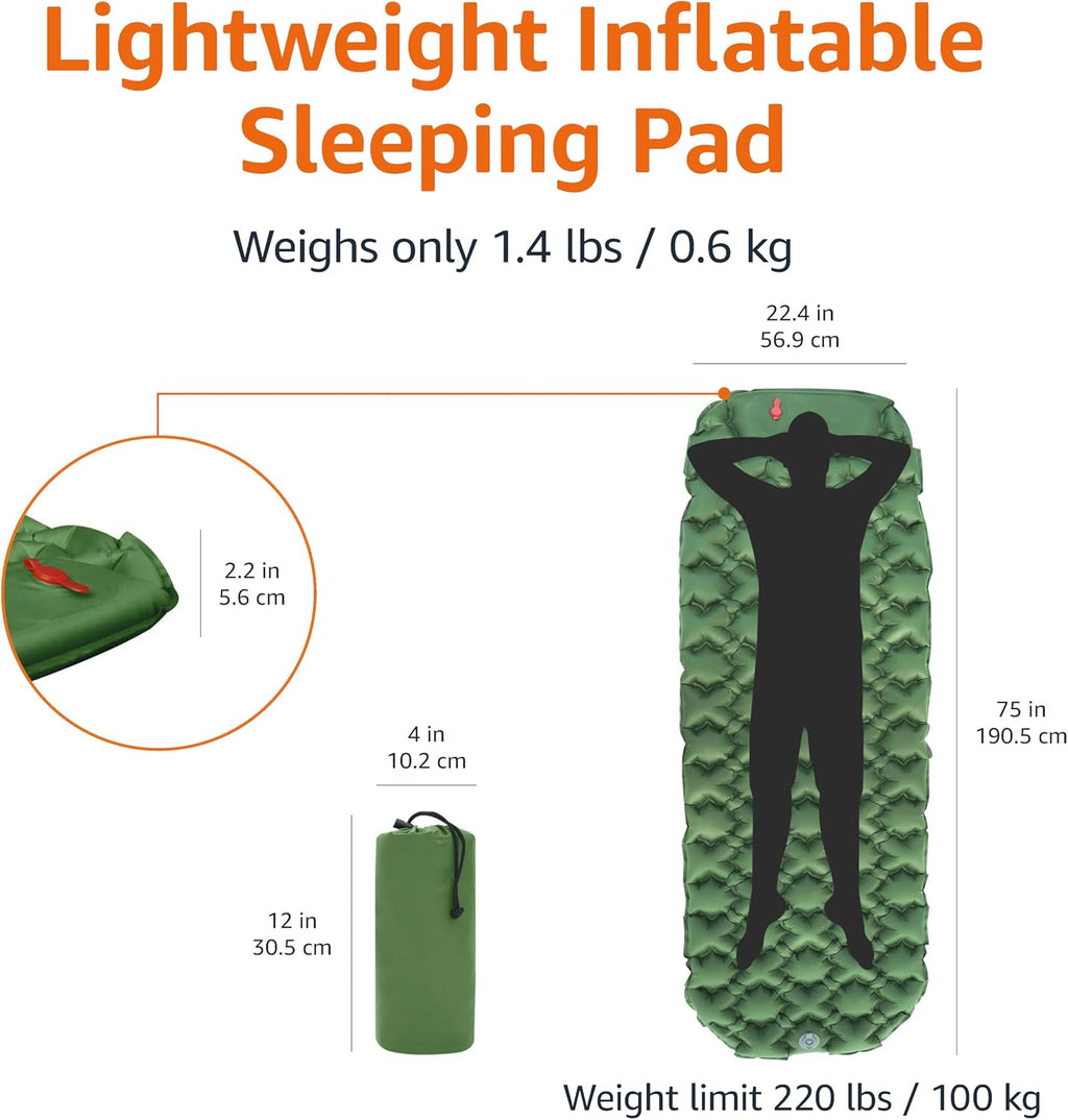 Amazon Basics Camping Sleeping Pad with Quick-Inflate Built-in Foot Pump, Water Resistant, Ultralight, Portable for Hiking and Backpacking, Olive Green