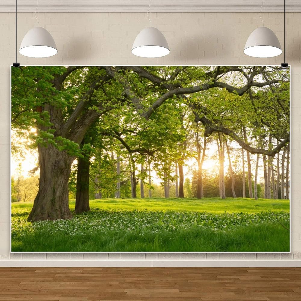 Leowefowa 5x3ft Spring Backdrop Rural Forest Trees Backdrops for Photography Blooming Flowers Green Grassland Nature Vinyl Photo Background Kids Adults Outdoor Travel Portraits Studio Props