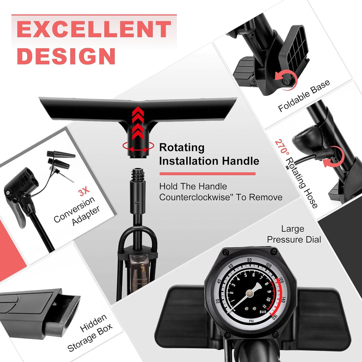 Hycline Bike Floor Pump with 160 PSI High Pressure Gauge - Full Size