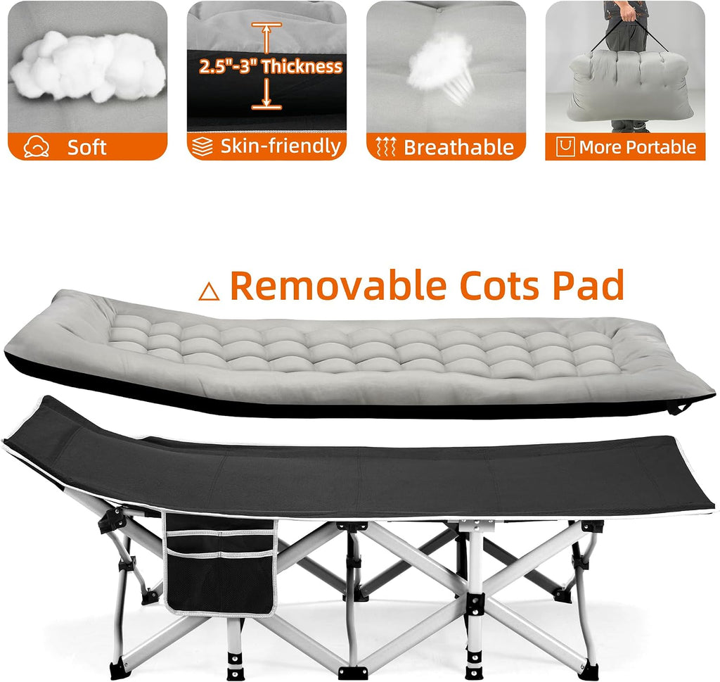 Fragess Portable Camping Cot, Sleeping Cots for Adults, 28" Extra Wide Folding Cot Max Load 600LBS with Thick Mattress, Portable Camping Bed for Outdoor Camp/Office, Home Nap (Black+Grey)
