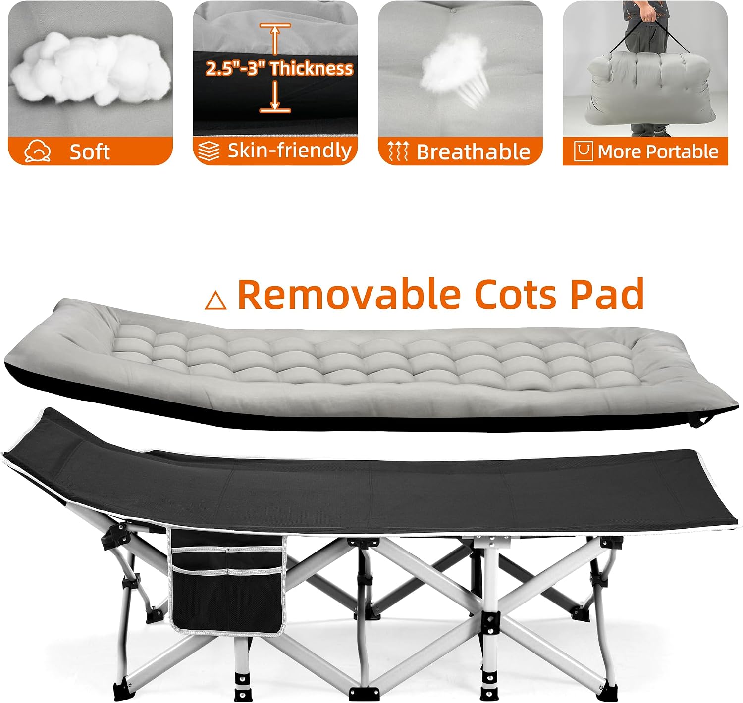 Fragess Portable Camping Cot, Sleeping Cots for Adults, 28" Extra Wide Folding Cot Max Load 600LBS with Thick Mattress, Portable Camping Bed for Outdoor Camp/Office, Home Nap (Black+Grey)