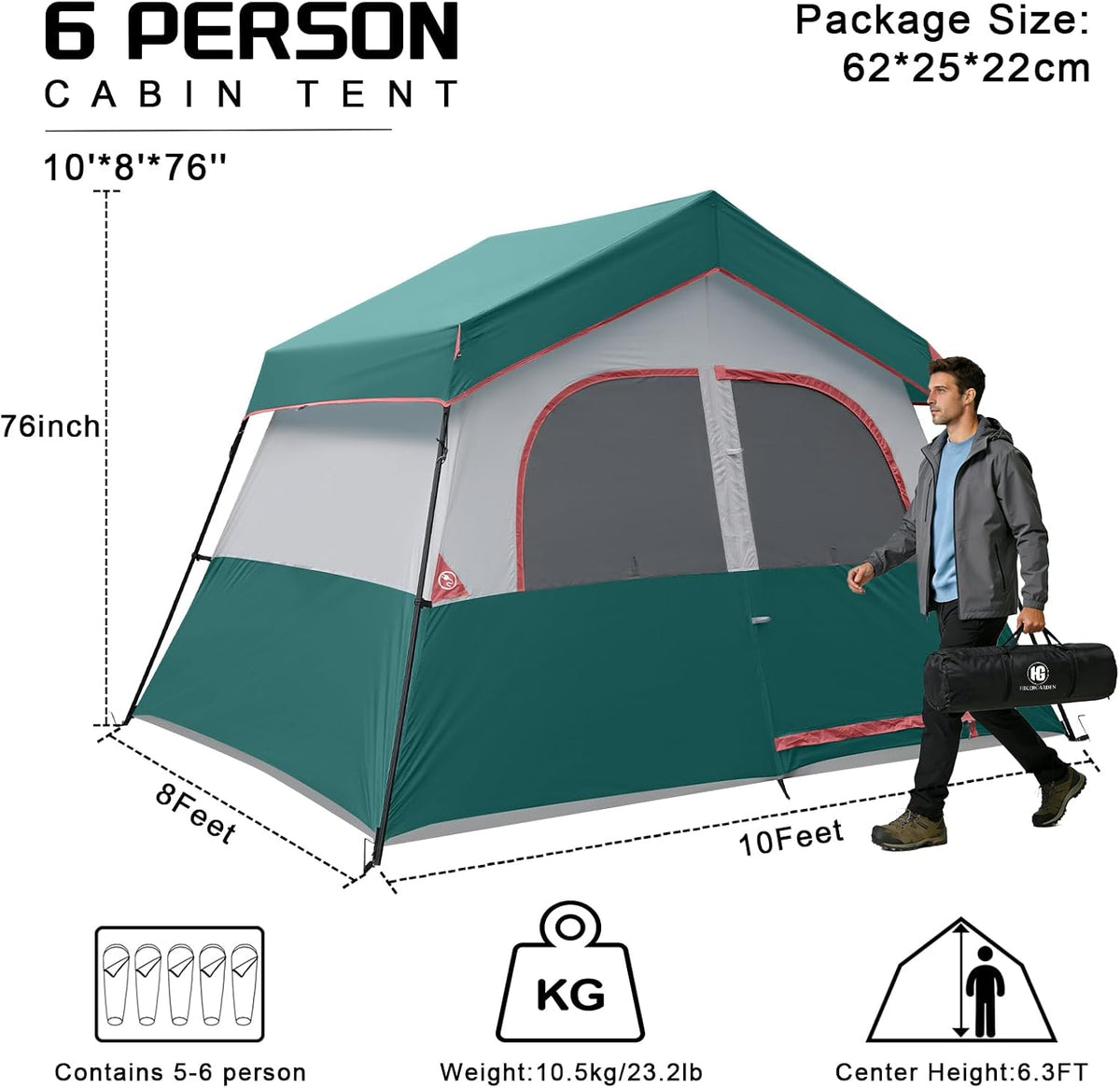 HG 6-8 Person Camping Tent Waterproof Family Cabin Tent for Camping