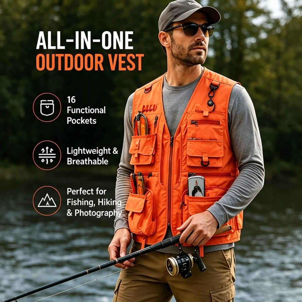 Outdoor Utility Vest for Men & Women, Lightweight Breathable Mesh Vest with Multiple Pockets for Fishing, Photography, Hiking, Camping, Travel & Safari, Orange