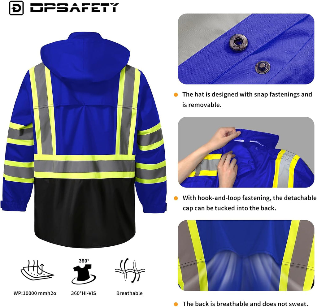 Reflective Rain jackets for men waterproof,Hi Vis Safety Coat With Reflective Strips，High Visibility Class 3 Rain jackets With 2 large pockets,Zipper,Blue,LG/XL