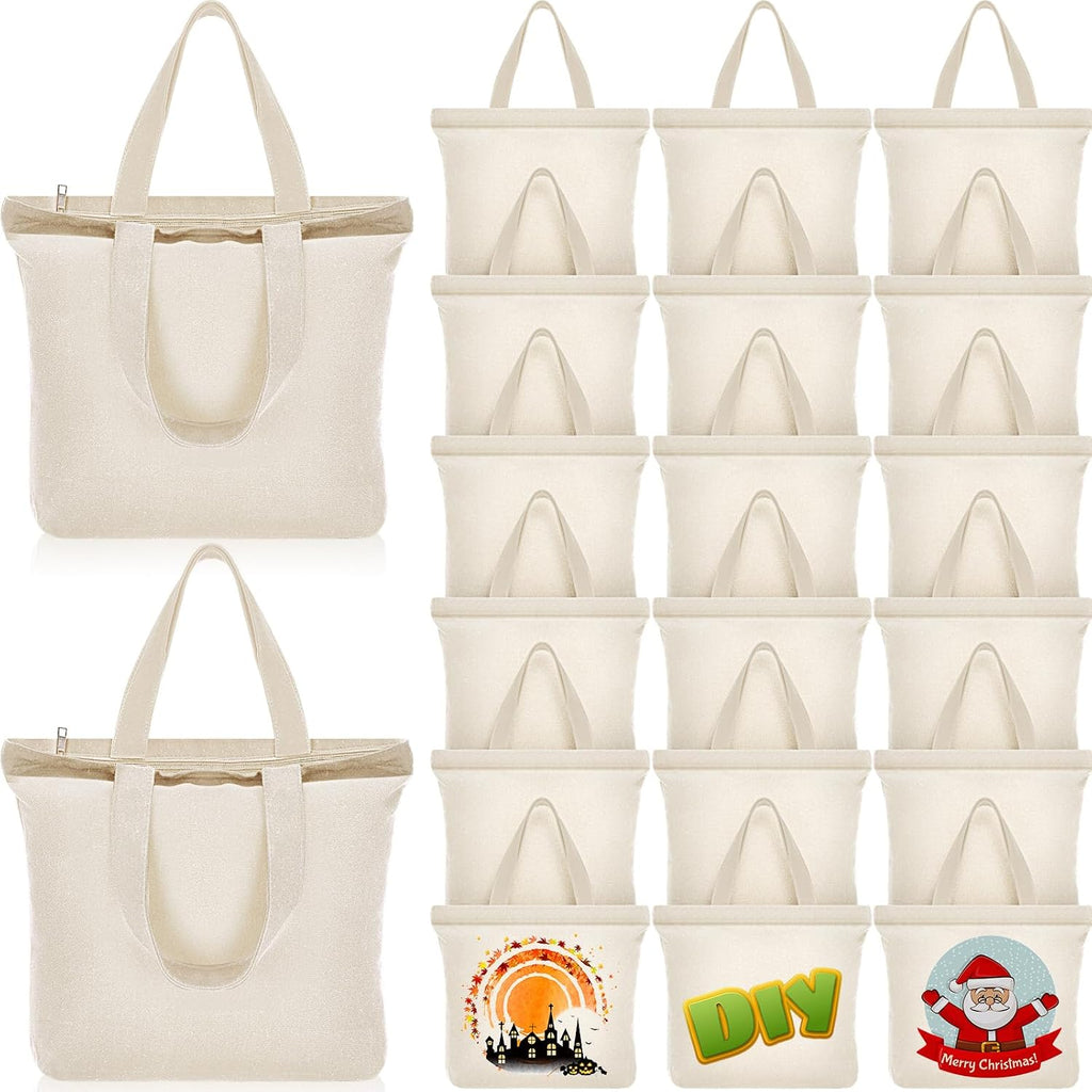 Silkfly 20 Pcs Canvas Tote Bags Bulk 16.5x13.4'' Blank Cotton Canvas Bag with Zipper Handles Reusable Plain Grocery Makeup Handbag for DIY (Beige)