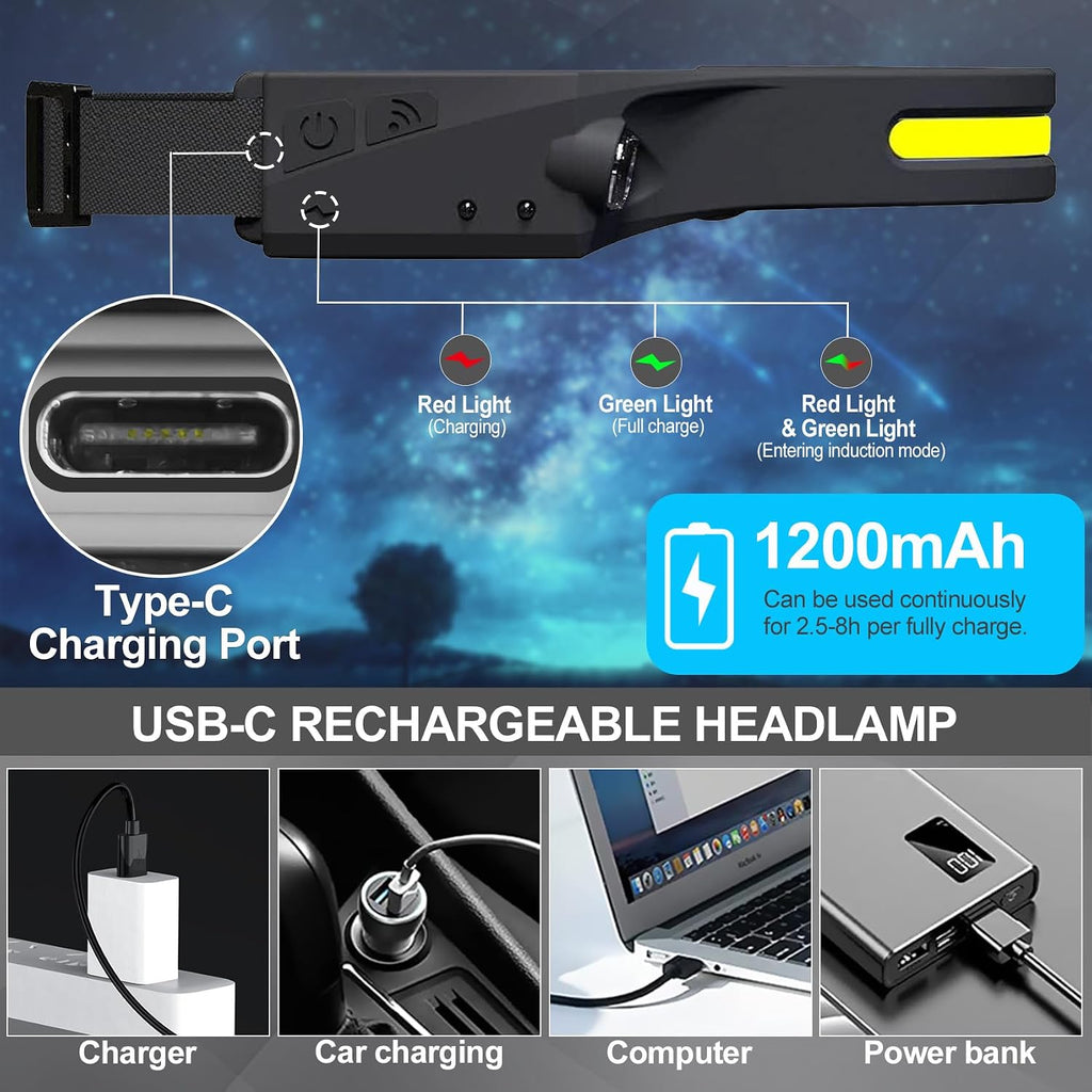 Bud K Headlamp Rechargeable 4Pack, 6 Mode Headlamps for Adults 1200Lumens LED Headlamp,230°COB Wide Beam Headlight Bright Headlamps Flashlight for Camping Accessories Gear, Hiking,Running
