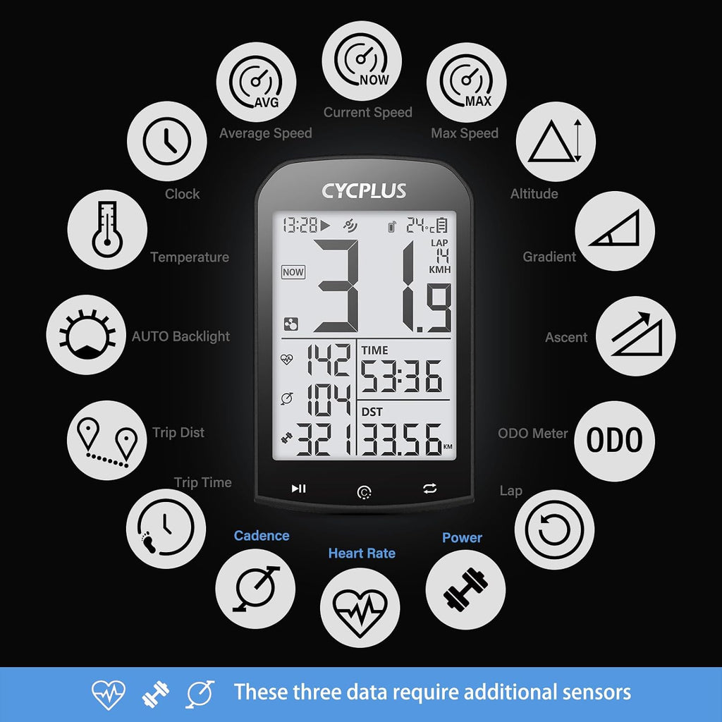 CYCPLUS GPS Wireless Bike Computer M1, 2.9" LCD Screen, IPX6, 1200mAh