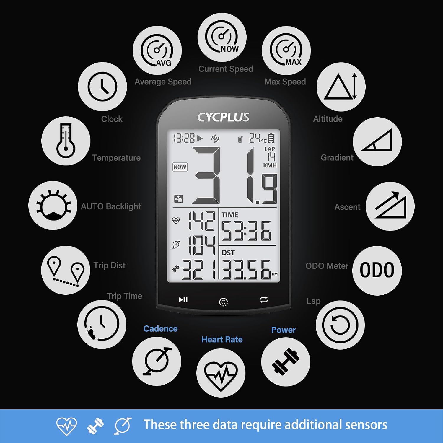 CYCPLUS GPS Wireless Bike Computer M1, 2.9" LCD Screen, IPX6, 1200mAh