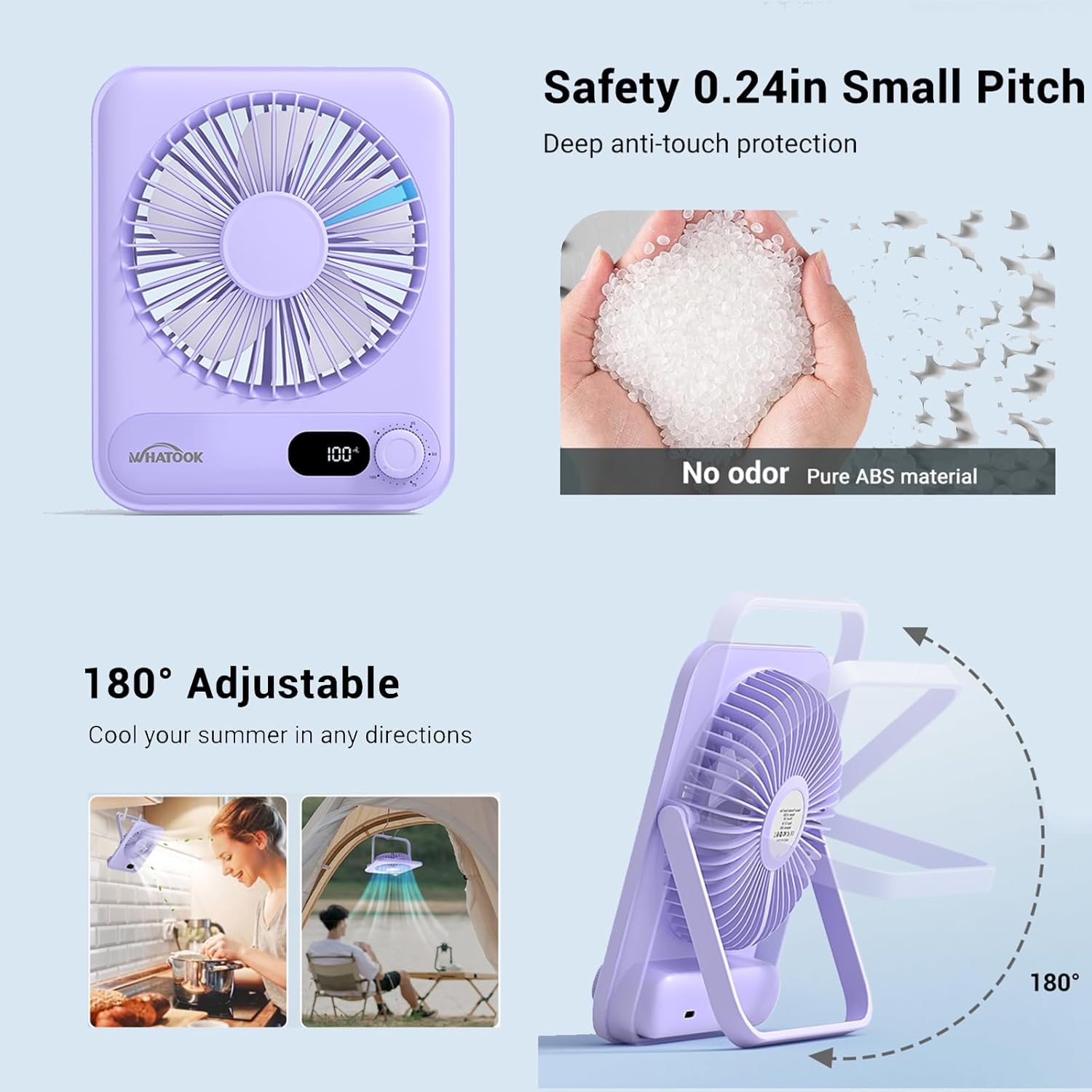 WHATOOK Small Desk Fan Personal Fans: 5000mah 25 Hours Battery Office Quiet Mini Desktop Fan Portable Rechargeable Travel Essentials (Purple, 2000 mAh)
