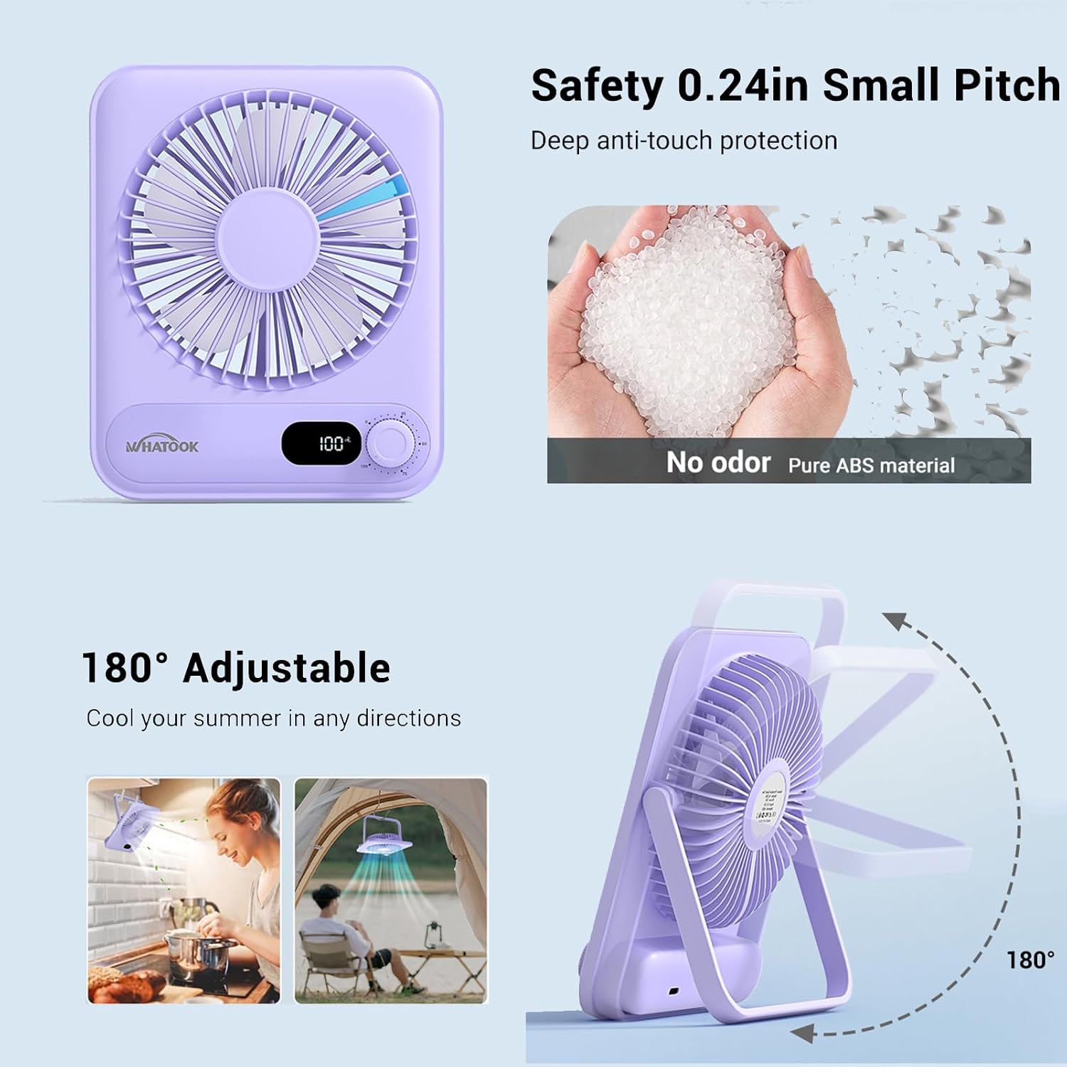 WHATOOK Small Desk Fan Personal Fans: 5000mah 25 Hours Battery Office Quiet Mini Desktop Fan Portable Rechargeable Travel Essentials (Black & Purple, Milliamp Hours, 2000)