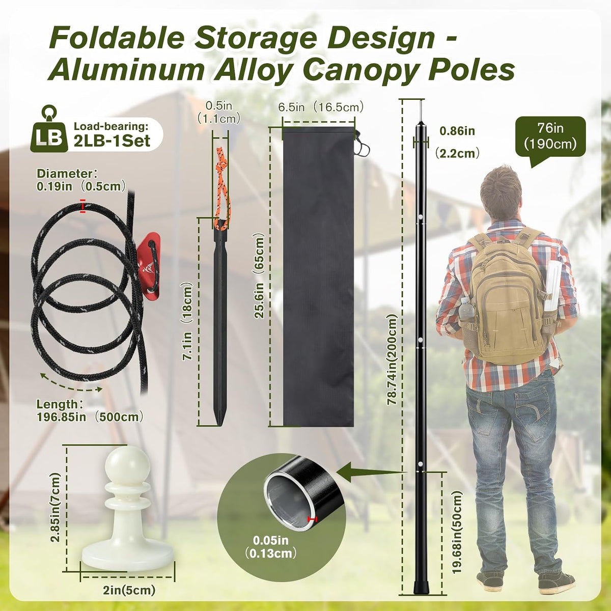 2-Pack Tarp Poles, Aluminum Telescoping Poles 78" for Camping Canopy & Tarp