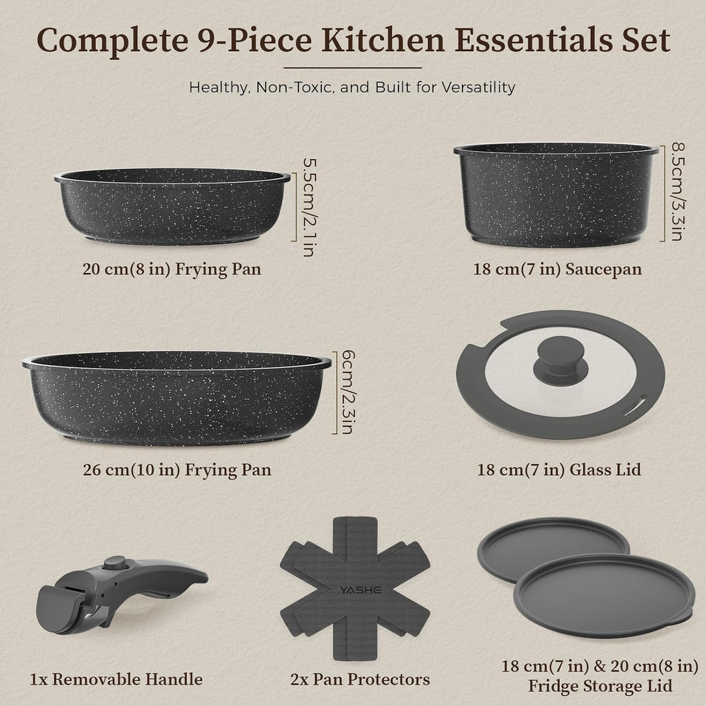 YASHE 9Pcs Granite Nonstick Pots and Pans Set, Stackable, Oven Safe