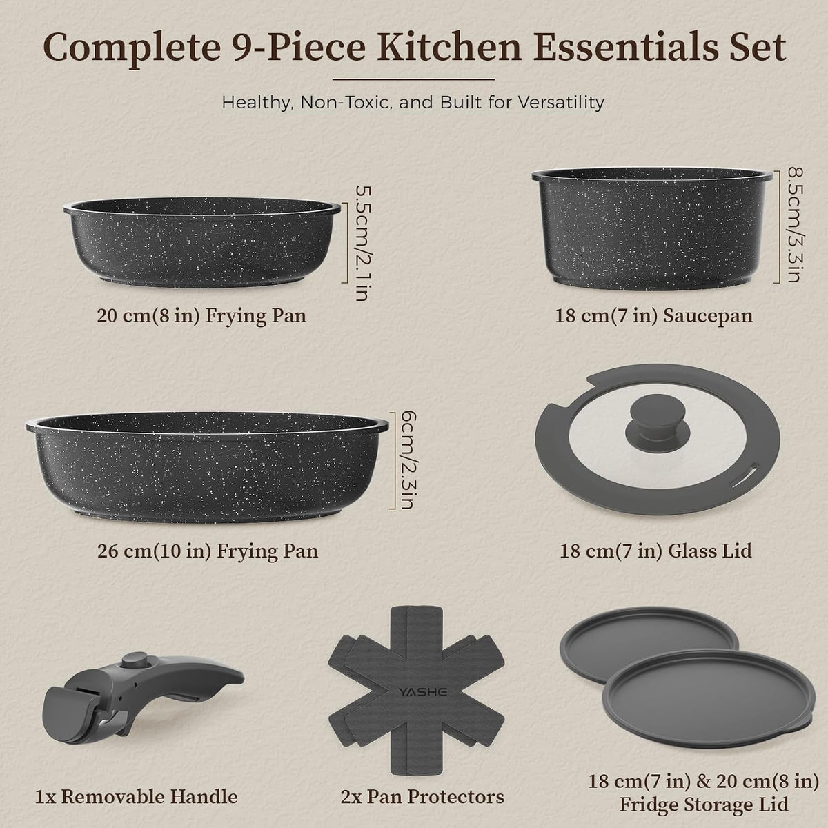 YASHE 9Pcs Granite Nonstick Pots and Pans Set, Stackable, Oven Safe