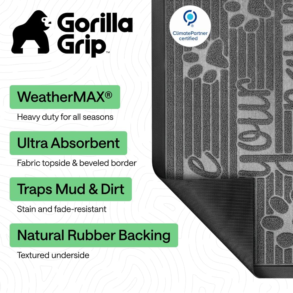 GORILLA GRIP WeatherMAX Door Mat, Indoor Outdoor Use, 29x17, Gray Paw