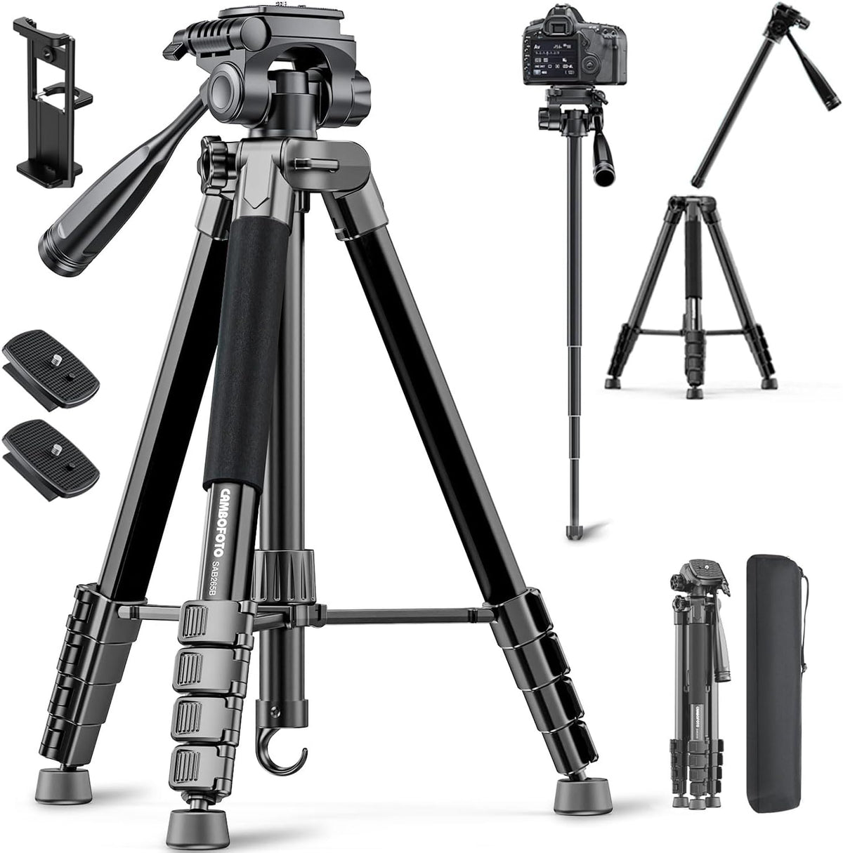 CAMBOFOTO 73" Camera Tripod and Monopod, Aluminum Tripod Stand/Black