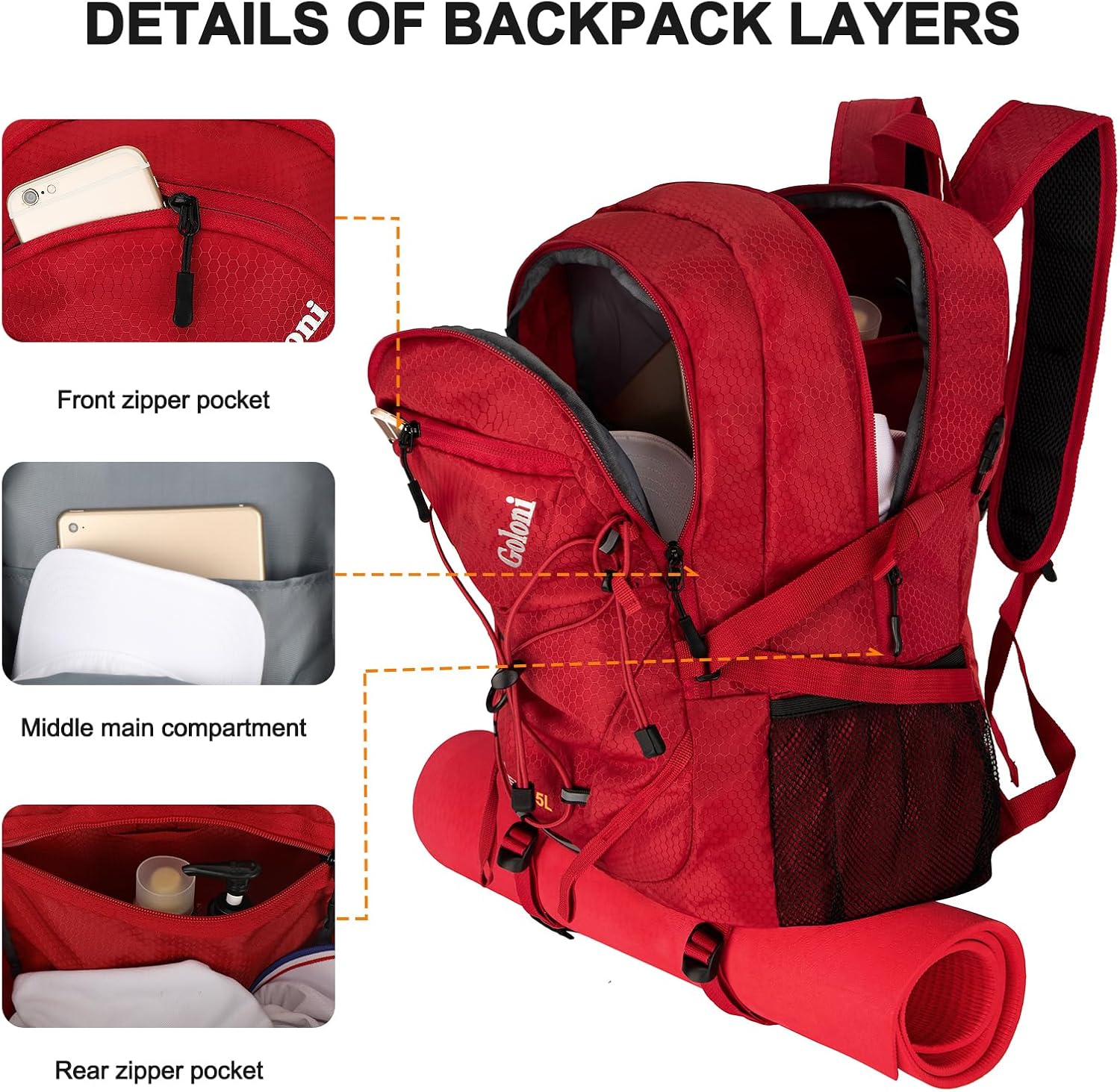 Goloni 45L Hiking Backpack Lightweight Foldable, Waterproof Camping Backpack with Rain Cover & Hiking Pole Mat Carrying System, Ergonomic Water Resistant Daypack for Trekking Travel Men Women Red