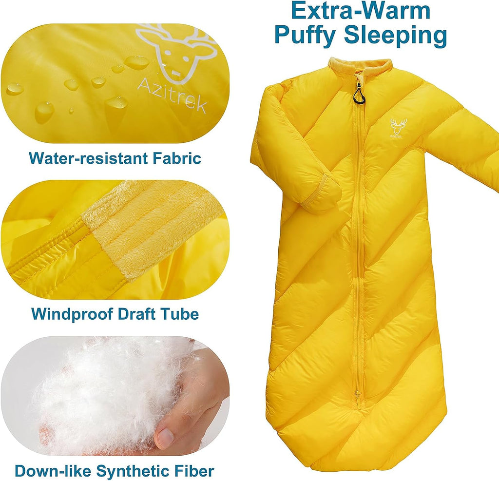 T40 Toddler Sleeping Bags Boys Girls | Ages 2-4 | Puffy Kids Sleeping Bag Camping Sleepovers |up to 46 in| Lightweight Compact Comfort for Indoor Outdoor Machine Washable (Yellow)