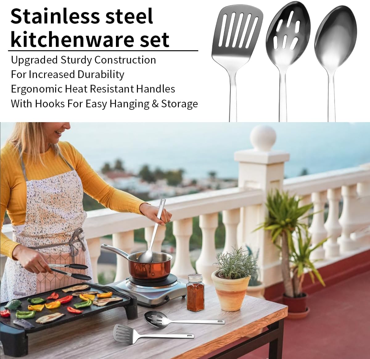 Evanda Camping Kitchen Cooking Utensil Set 10 Piece, Stainless Steel Outdoor Cooking and Grilling Utensil Organizer Travel Set Perfect for Travel, Camping, RVs, BBQs, Picnics, Parties and More