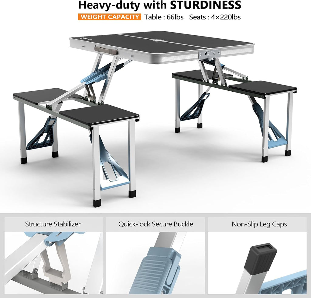 VINGLI 4Ft Portable Folding Picnic Table Camping Table Foldable Set with 4 Seats with Umbrella Hole Suitcase Card Table-220 Lbs Support Aluminum Frame, Plastic RV Tabletop for Yard, Travel-Blue