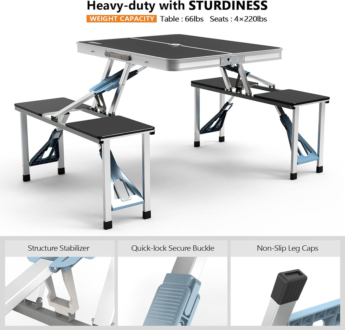 VINGLI 4Ft Portable Folding Picnic Table Camping Table Foldable Set with 4 Seats with Umbrella Hole Suitcase Card Table-220 Lbs Support Aluminum Frame, Plastic RV Tabletop for Yard, Travel-Blue