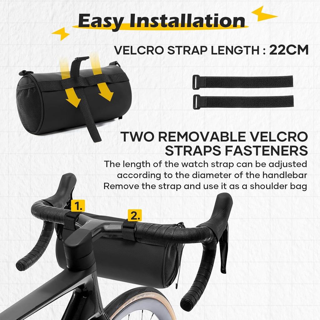 SEAFEW 4L Black Bike Handlebar Bag, Waterproof Bicycle Accessories, Bike Frame Front Pouch with Zipper and Shoulder Strap, Small Mountain Road Bike Barrel Bag