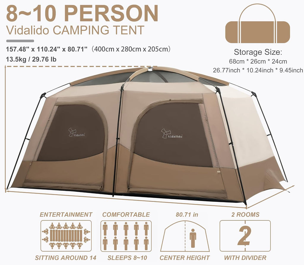 Vidalido Tents，8-10 Person Camping Tent with Extended Vestibule，2 Room Weather Resistant Family Tents，Easy Install Waterproof Outdoor Tent for Camping Hiking