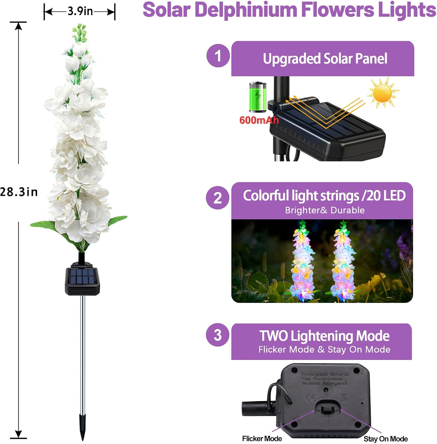 MRHEPHAESTUS Solar Garden Lights, Delphinium Flowers 2 Pack 40 LEDs, Waterproof Outdoor Lights Two Lighting Modes for Wedding Party Garden Yard Patio Lawn Decor and Gift for Mother