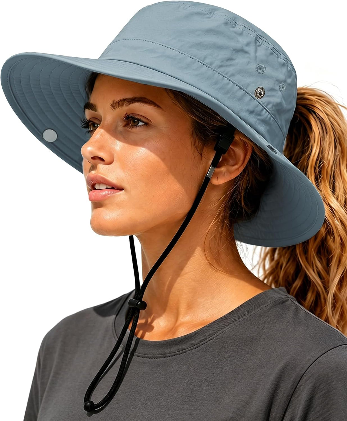 Womens Sun Hat with Ponytail Hole Wide Brim UPF 50+ Waterproof Bucket Hat Packable with Chin Strap for Hiking Beach Travel