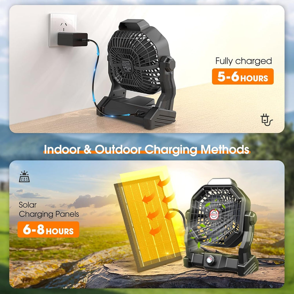 Solar Powered Fan,【Max 40H Runtime】Rechargeable Solar Camping Fans & Led Lantern,8-inch Portable Fan with Solar Panel,Battery Operated Powered Outdoor Tent Fans for Camping Essentials Accessories