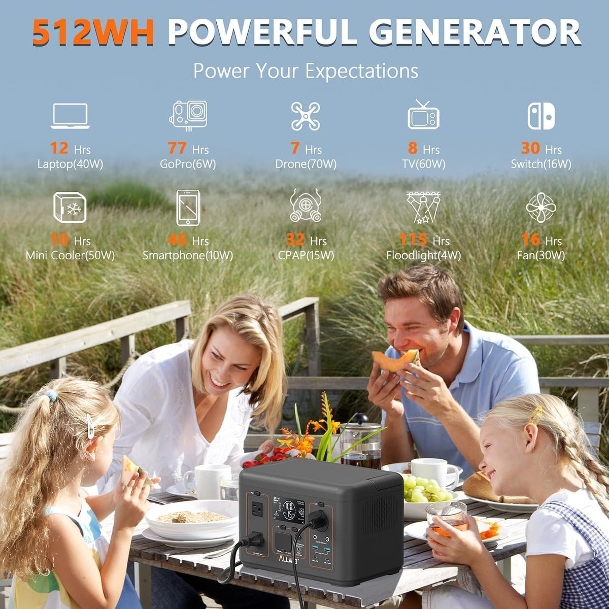 ALLWEI Portable Power Station 500W, 512Wh LiFePO4 Battery UPS Backup Power