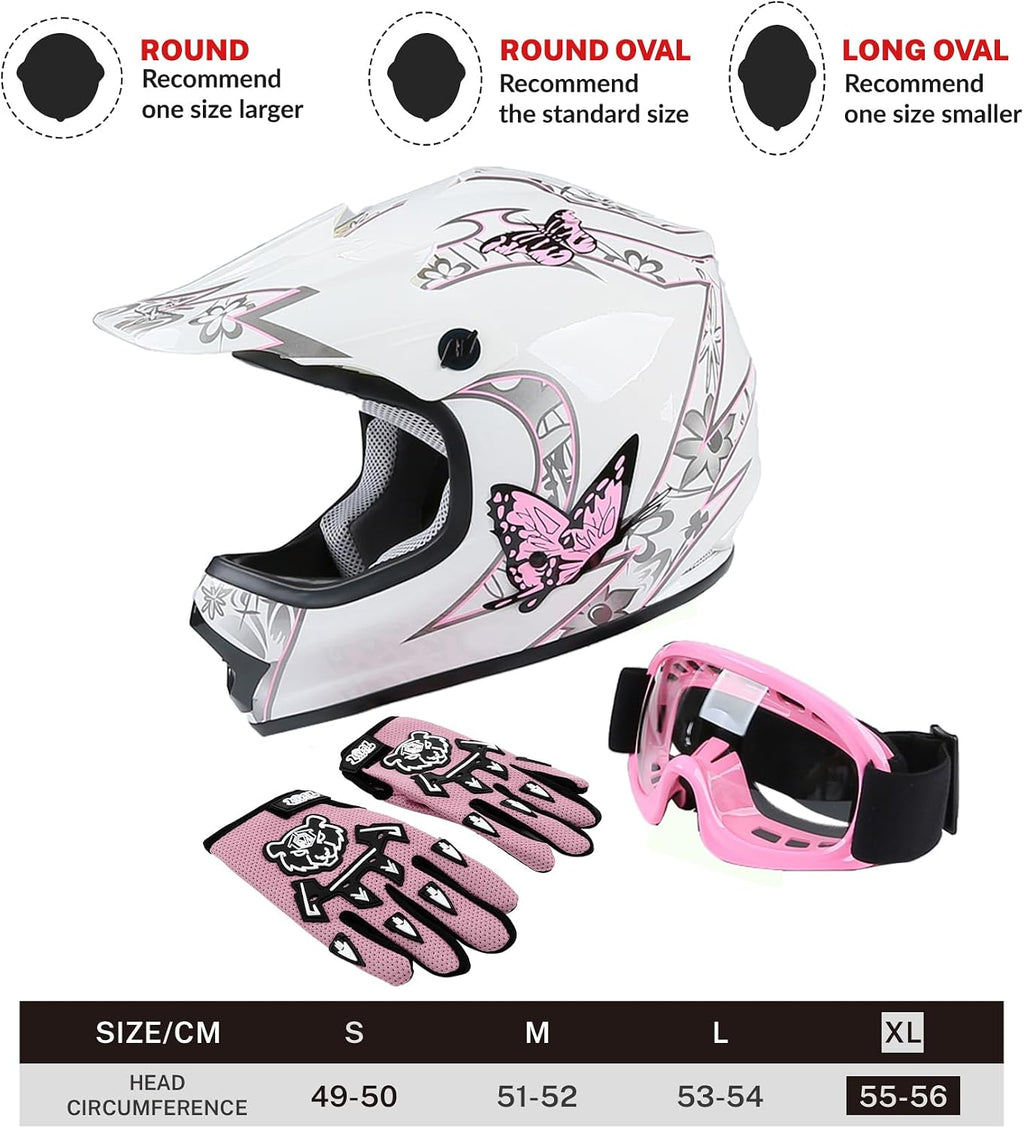 SLMOTO Dot Youth Kids Helmet Motocross Offroad Street Helmet Motorcycle Helmet Dirt Bike Motocross ATV Pink Butterfly Design Helmet+Goggles+Gloves