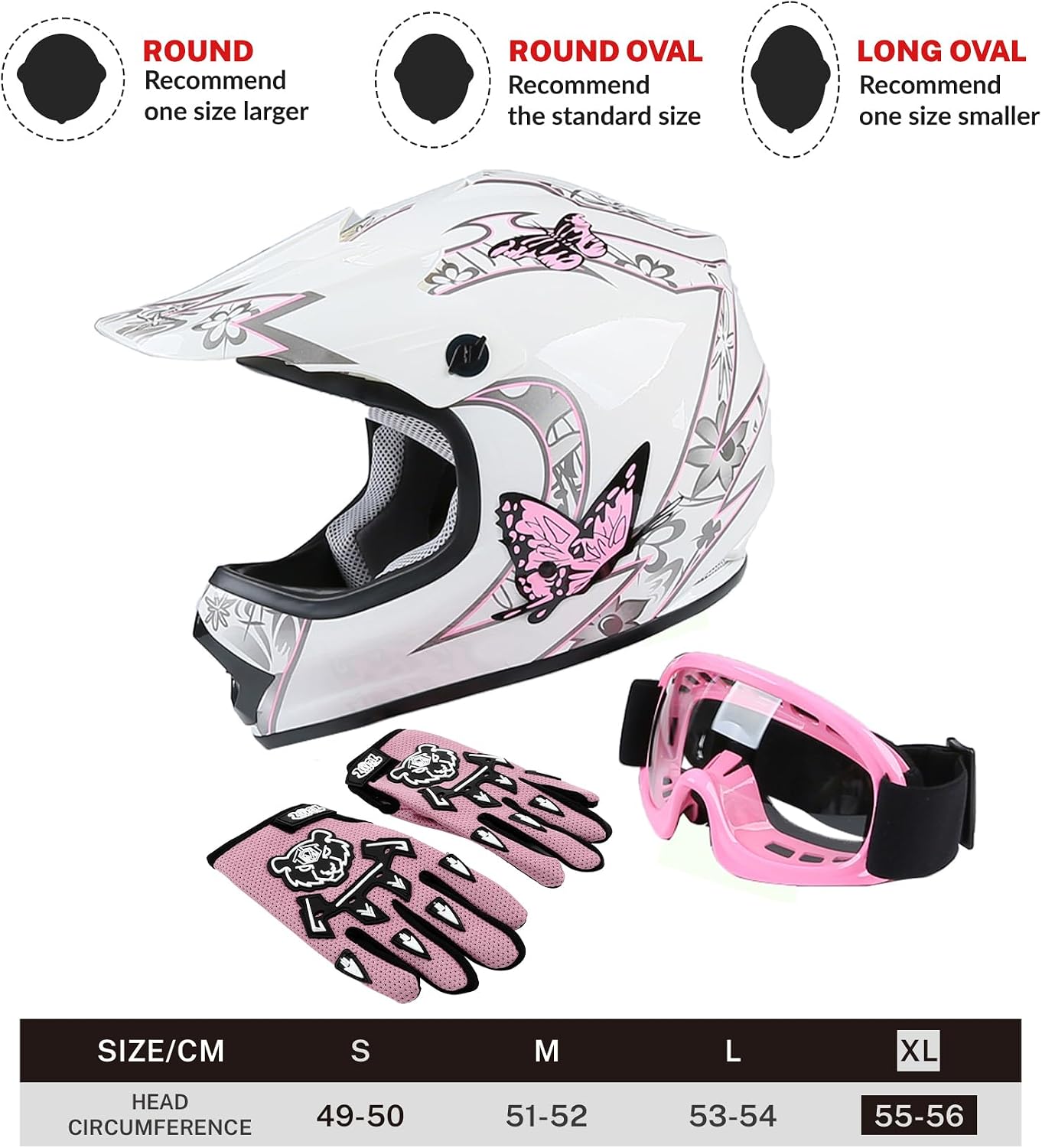 SLMOTO Dot Youth Kids Helmet Motocross Offroad Street Helmet Motorcycle Helmet Dirt Bike Motocross ATV Pink Butterfly Design Helmet+Goggles+Gloves