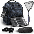 Waterproof Fishing Backpack with Tackle Boxes, Rod Holder & Foldable Net - 40L Fishing Tackle Bag with Trays Included, Extra Storage Gear and Equipment, Rain Cover, Fisherman Gift for Men