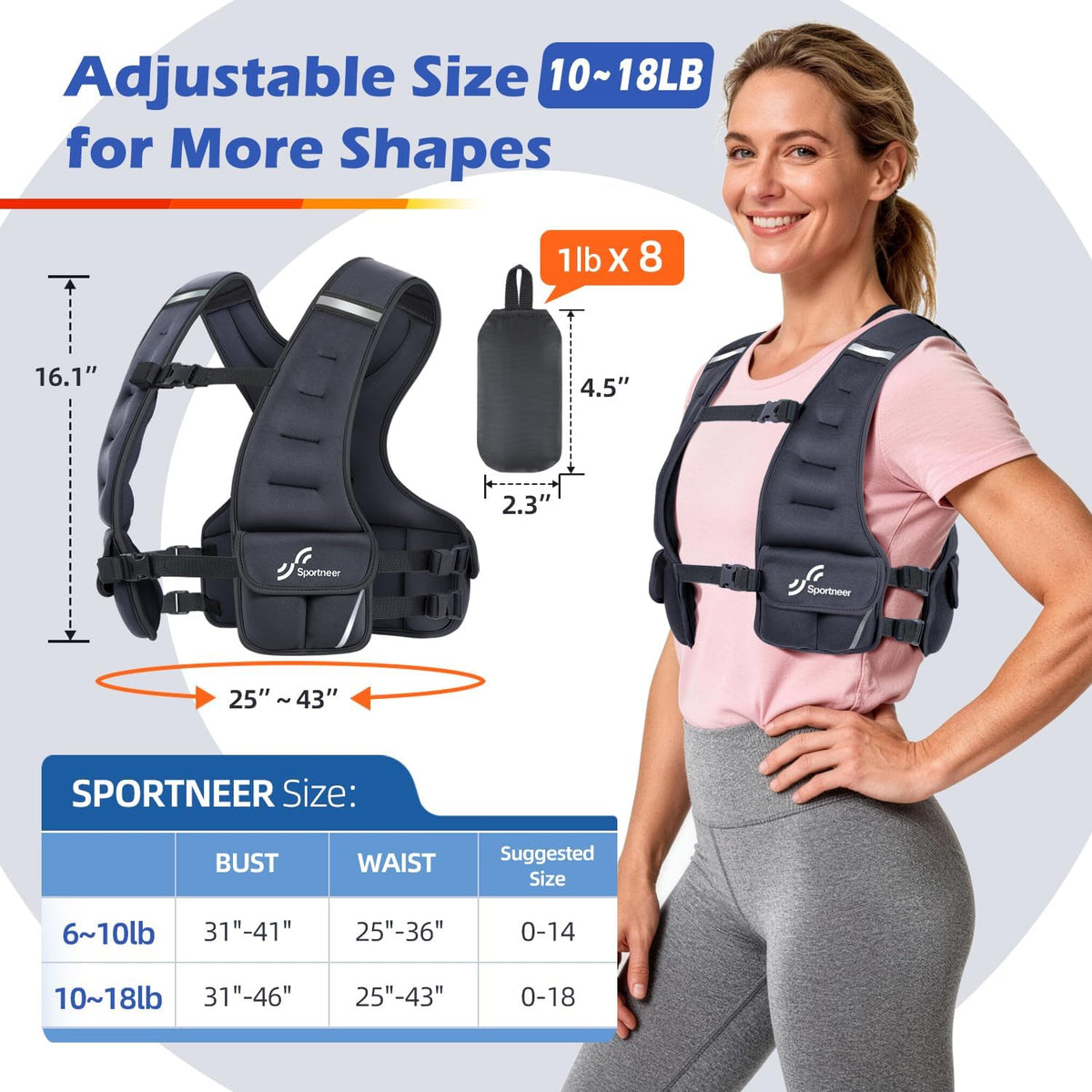 Sportneer Adjustable Weighted Vest Woman 10-18lb Gym Training Walking Vest