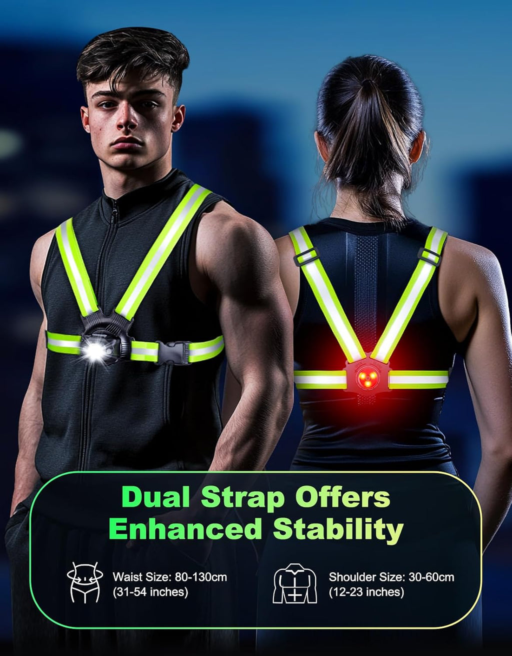 ISEYOU Running Lights for Runners, 500 Lumens Running Light with Rear Light, 45° Adjustable Tilt & IPX4 Waterproof Rechargeable Reflective Vest Gear for Night Walking/Cycling/Jogging/Hiking