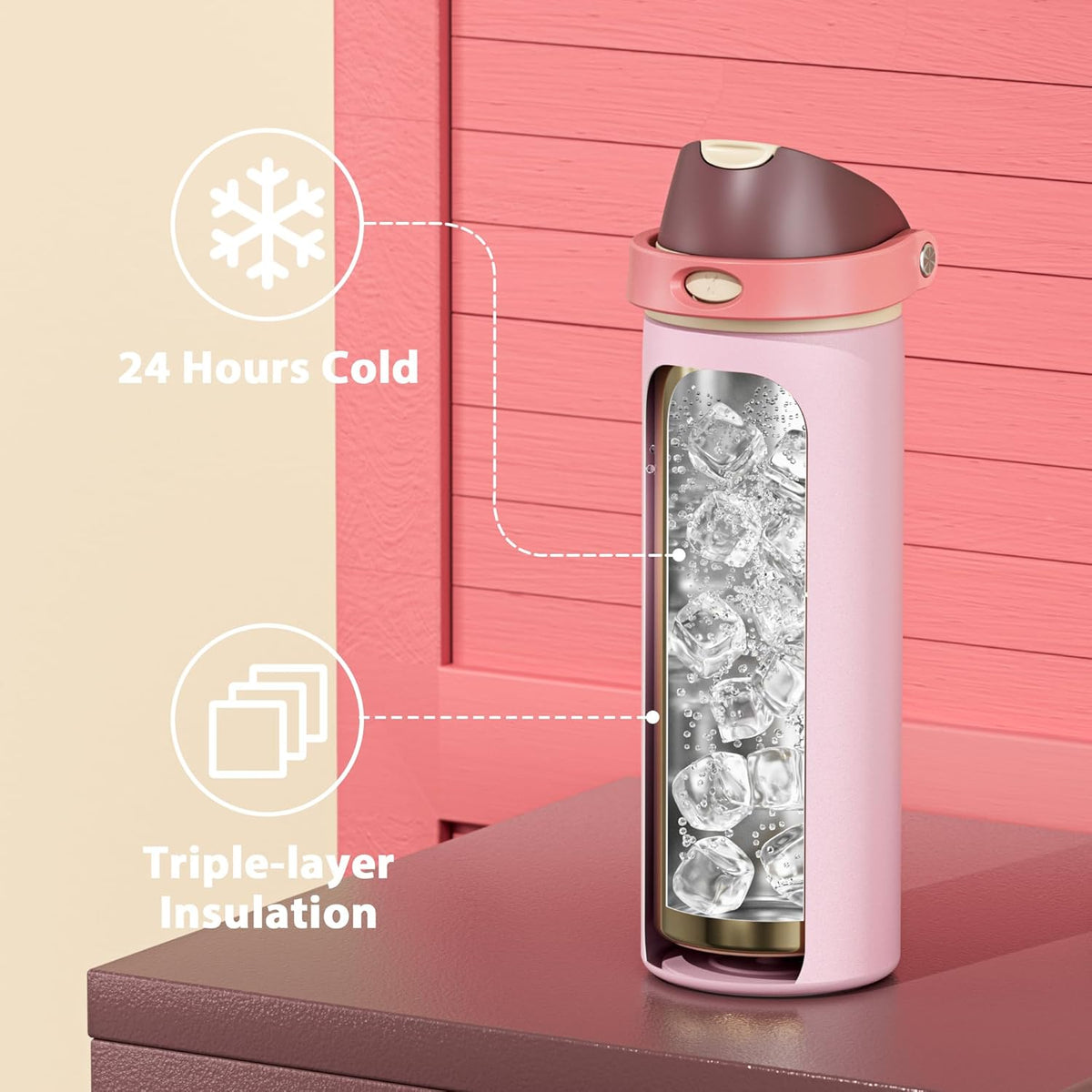 24 oz Insulated Water Bottle for Sports: Meoky Stainless Steel Water Bottle with Straw and Spout Lid - Leak Proof, Cold for 24 Hours, Fits in Car Cup Holder, BPA-Free for Women Travel, Angel Food Cake