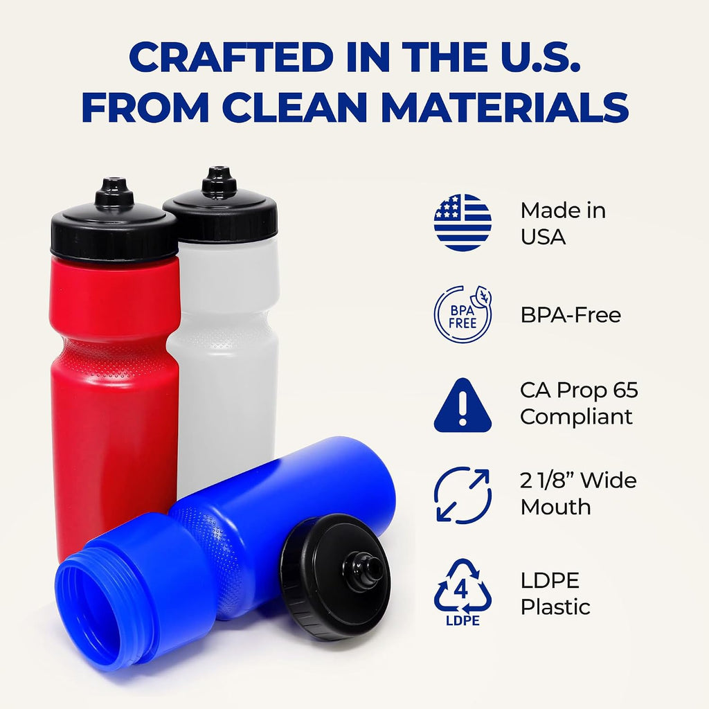 Rolling Sands USA Made 24 oz Sports Squeeze Water Bottles, 8 Pack, BPA-Free, Easy Drink One Way Flow Valve, Fits Most Bike Cages, Dishwasher Safe, Durable, Reusable and Lightweight, Clear Frost