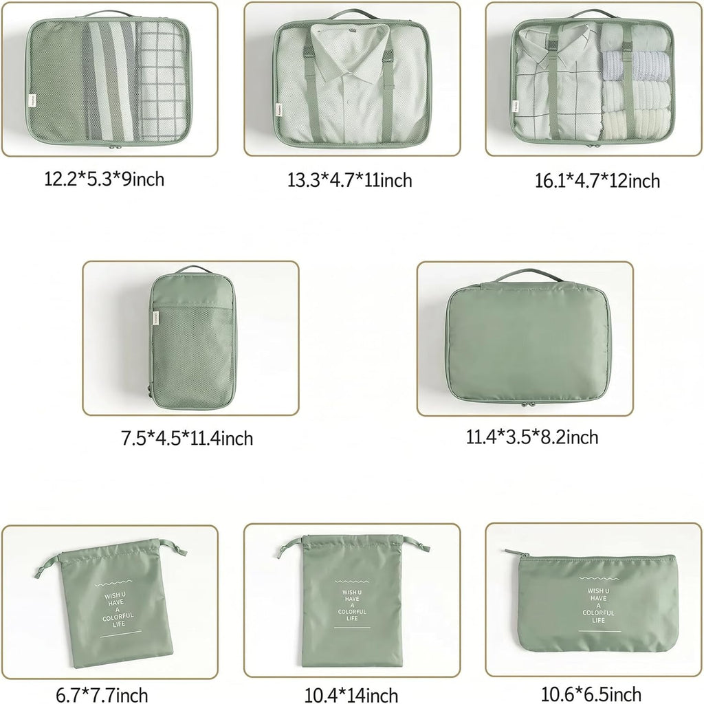 LANSKLBD 6/8 Set Packing Cubes for Suitcases Travel Luggage Packing Organizers,Travel Accessories Essentials Luggage Organizer with Shoe/Tioletry/Laundry Bag (Matcha Green, 8 set)