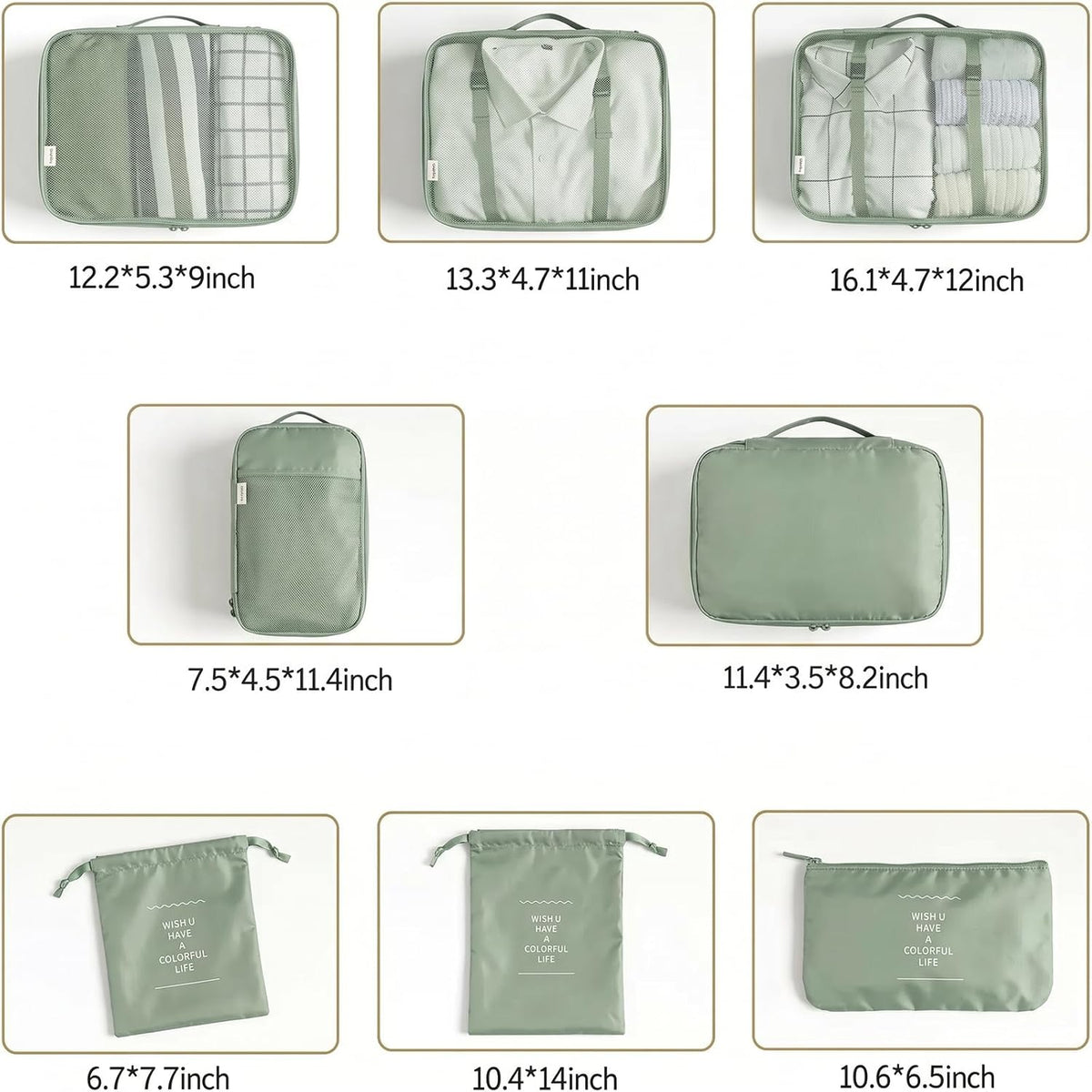 LANSKLBD 6/8 Set Packing Cubes for Suitcases Travel Luggage Packing Organizers,Travel Accessories Essentials Luggage Organizer with Shoe/Tioletry/Laundry Bag (Matcha Green, 8 set)