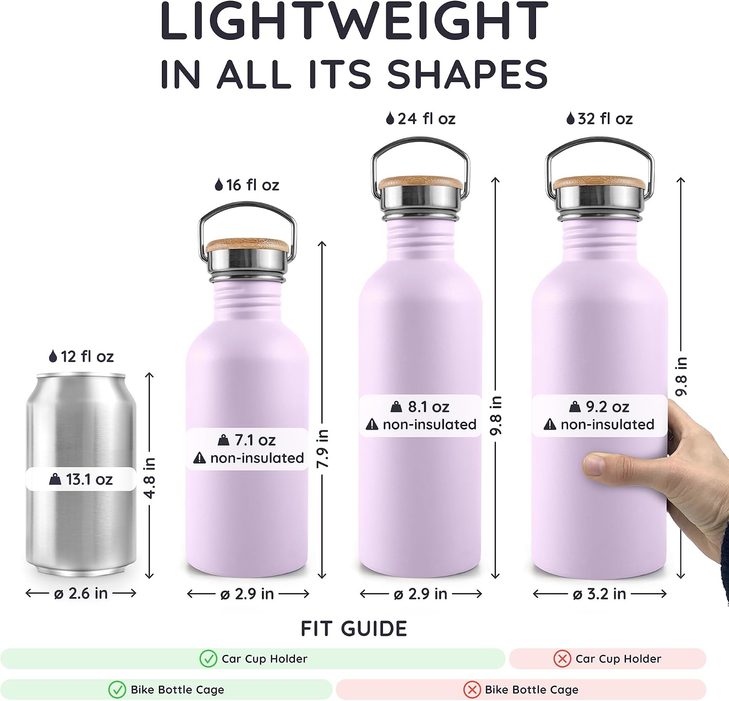 Bambaw 32 oz Stainless Steel Water Bottle Lavender, Non Insulated Metal Water Bottle with Handle, Large, Stainless Steel – Lavender Haze