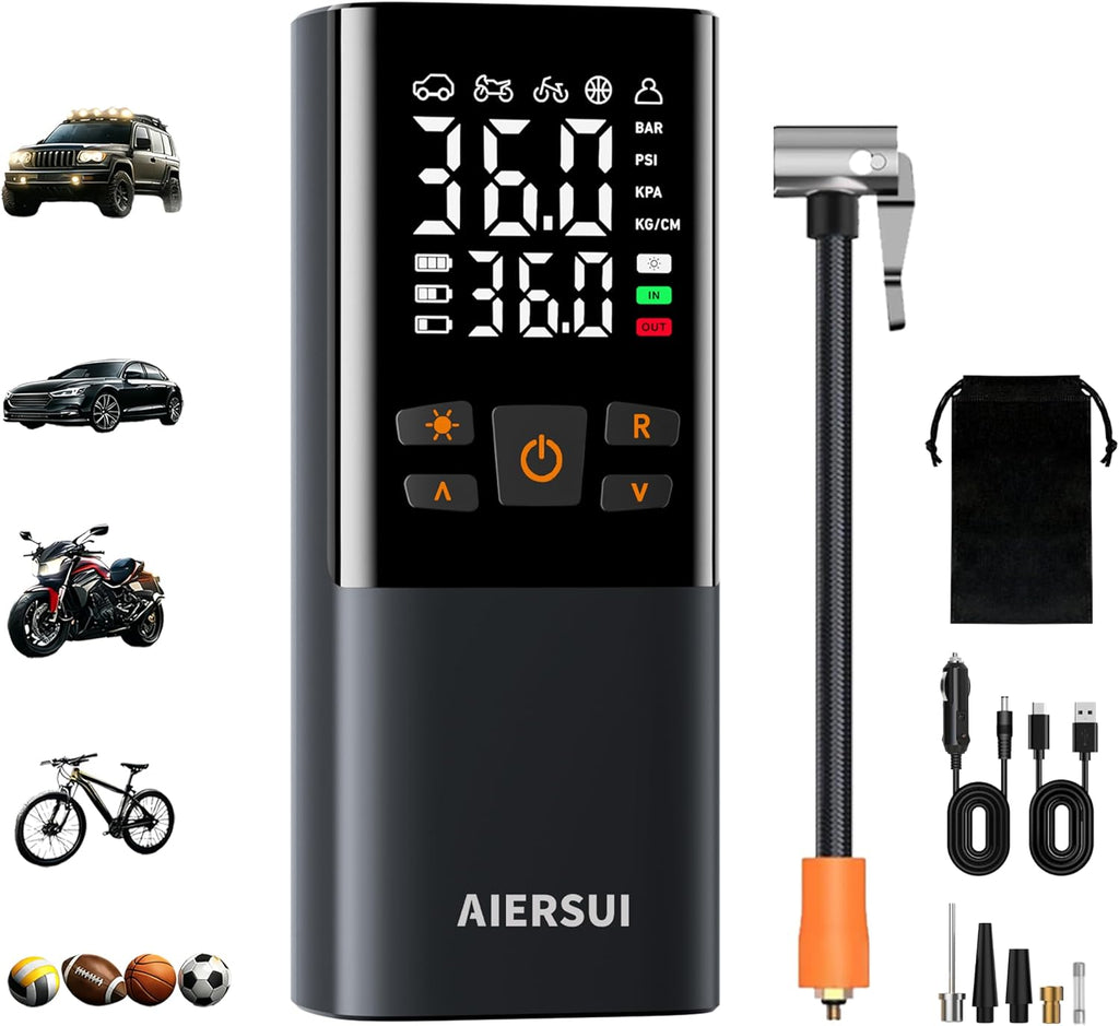 Tire Inflator Portable Air Compressor, Cordless 5-in-1 Smart Pump for Sedan/Motorcycle/Bike, 150PSI Auto-Stop, 6000mAh Power Bank, Lightweight with Digital Display, AS805