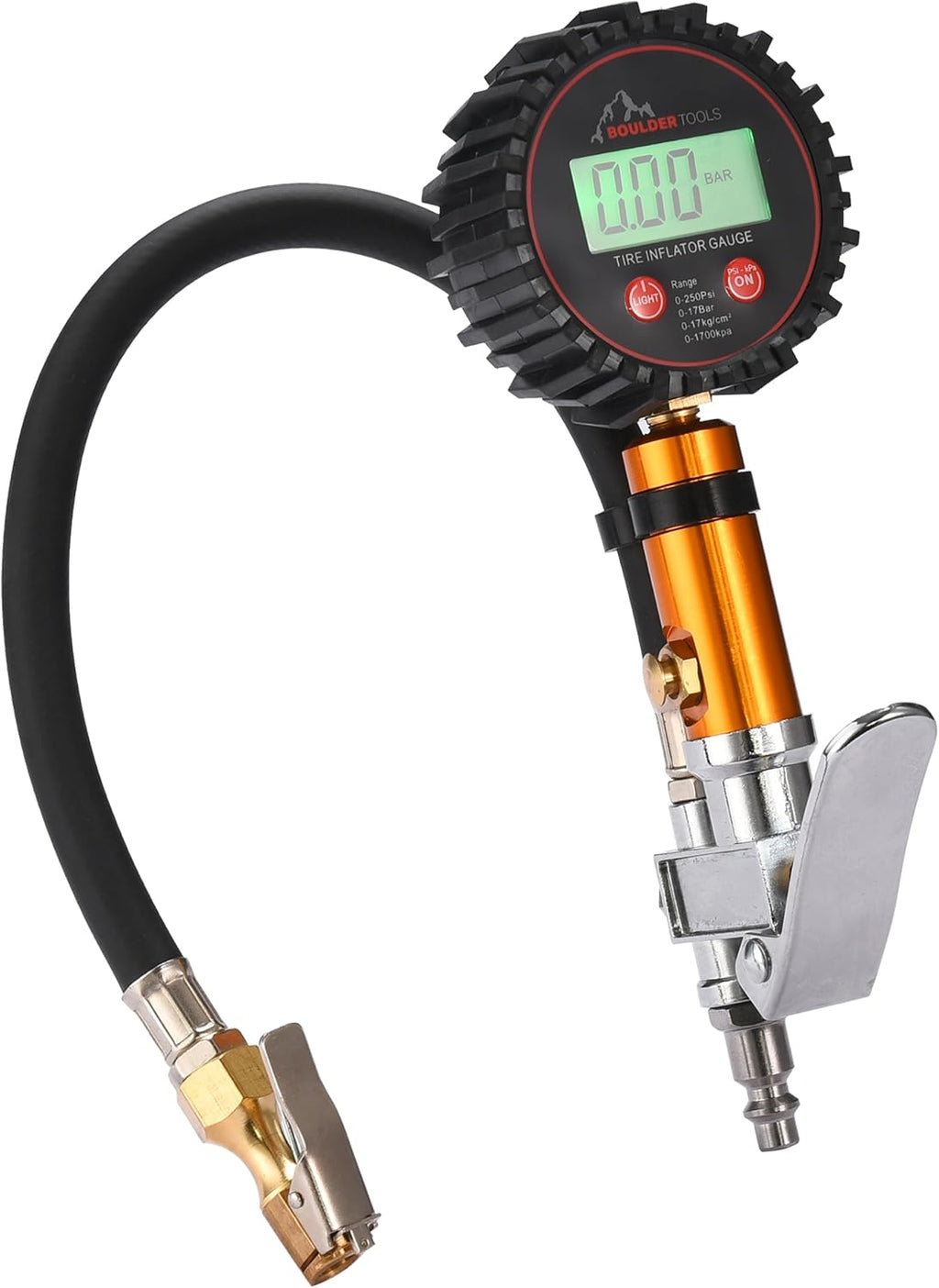 Boulder Tools Tire Pressure Gauge with Inflator - Digital Tire Pressure Gauge, 0-250 PSI Heavy Duty Tire Inflator Gauge with Air Chuck Lock & Bleed Valve, Air Compressor Accessories