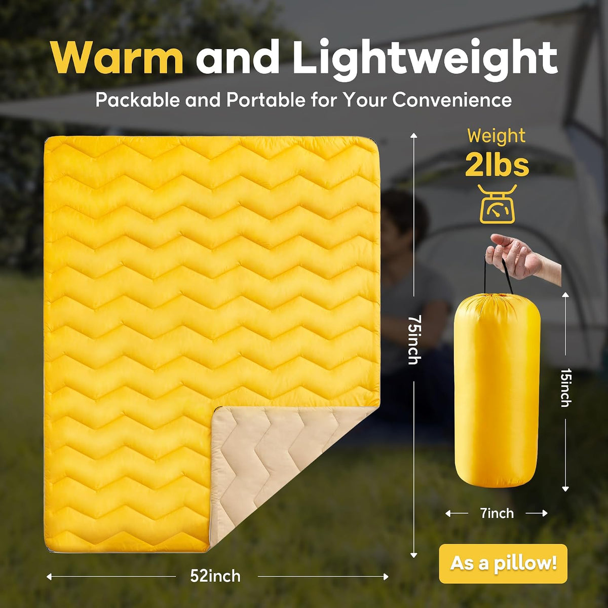 UNIKOME Puffy Camping Blanket,Packable Outdoor Quilt, 75"×52", Yellow
